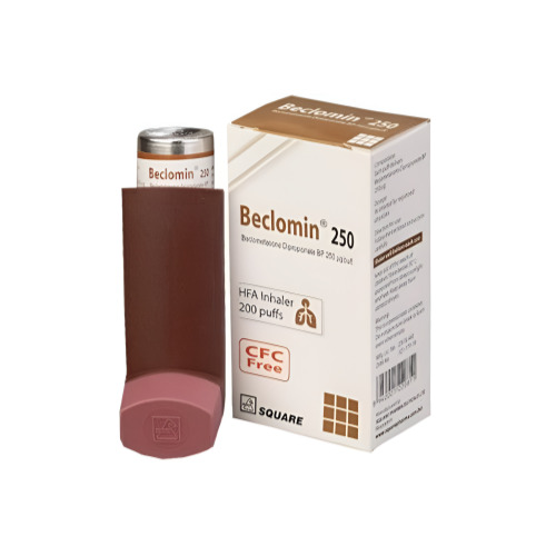 Becotide Inhaler 250 box packaging with red inhaler device (200 MDI)