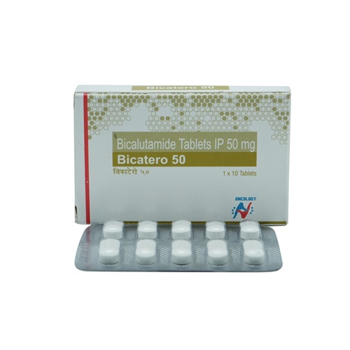Bicatero 50 blister pack beside box, tablets exposed and packaging details legible