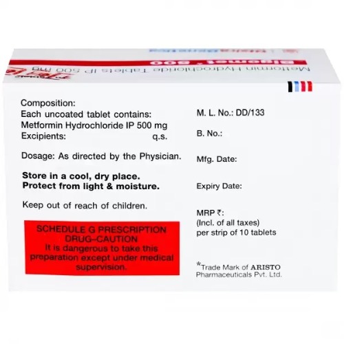 Bigomet 500mg 100 tablets back side packaging