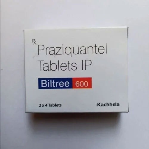 Billtree 600 (Praziquantel) 600mg 8 tablets carton box front view for online pharmacy antiparasitic treatment