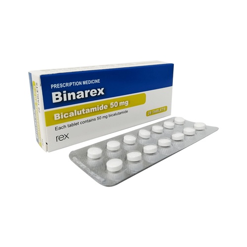 Binarex 50 box and blister arranged flat, packaging and tablet count legible