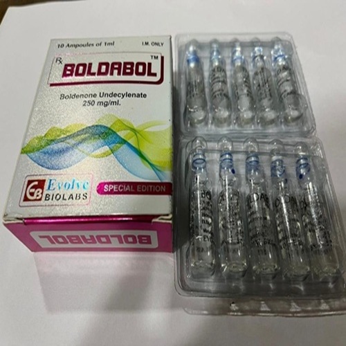 Angled shot of Boldabol 250mg box and ampoule strip, packaging and ampoule details visible