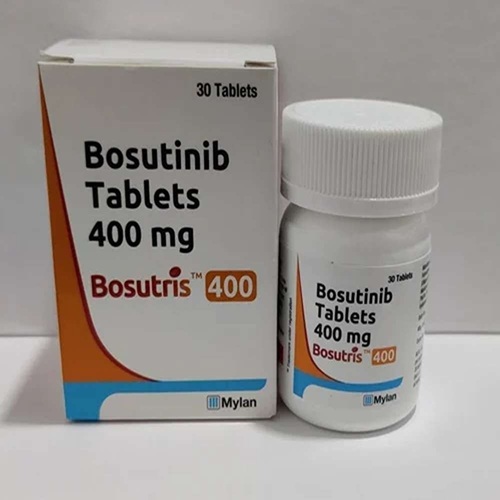 Bosutris 400 (Bosutinib) 400mg 30 tablets carton box and bottle set with bold orange logo for oncology treatment online pharmacy