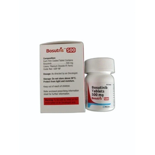 Bosutris 500 (Bosutinib) 500mg 30 tablets white pill bottle with carton packaging for chronic myeloid leukemia medication online pharmacy