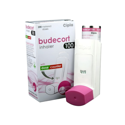 Budecort 100 Inhaler 200 mdi box packaging with inhaler