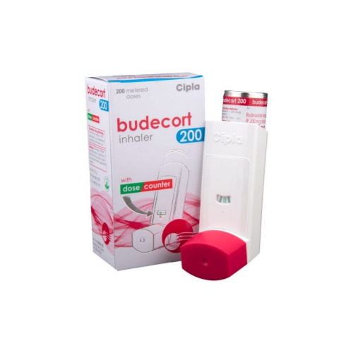 Budecort 200 Inhaler 200 MDI Cipla carton and inhaler with protective red cap