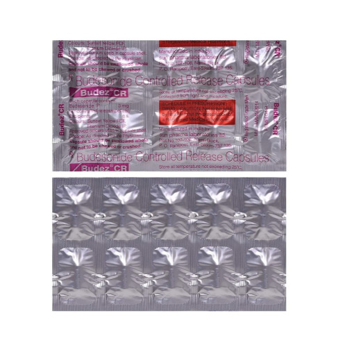 Budez CR blister strip close-up showing silver foil with printed text