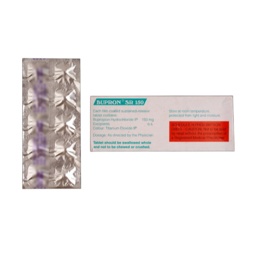 Bupron SR 150 tablets 100 count foil blister pack close-up with label