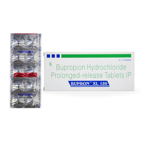 Bupron XL 150 tablets 50 count blister pack with outer white and green packaging
