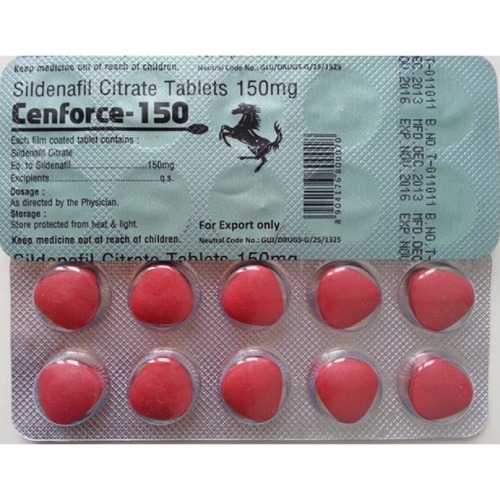 Cenforce 150mg (Sildenafil Citrate) silver foil blister pack with red tablets close-up
