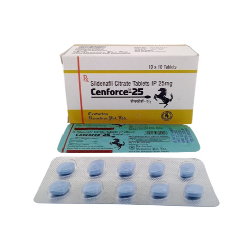 Cenforce 25mg (Sildenafil Citrate) branded carton with multiple blue blister strips