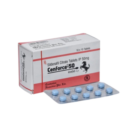 Cenforce 50mg (Sildenafil Citrate) branded box and foil blister strip with tablets