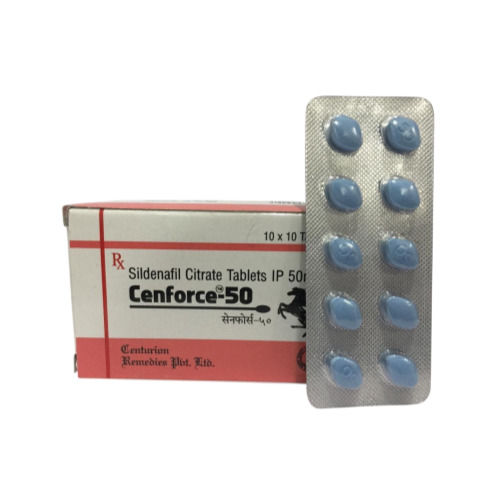Cenforce 50mg (Sildenafil Citrate) vertical blister pack with blue tablets and carton