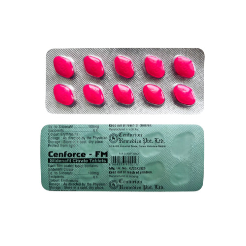 Cenforce FM 100 tablets blister pack showing pink film-coated tablets and printed foil