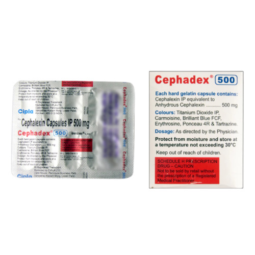 Cephadex 500 capsules blister strip close-up red and blue capsules