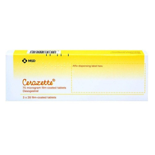 Cerazette 84 tablets slim yellow-white branded carton packaging