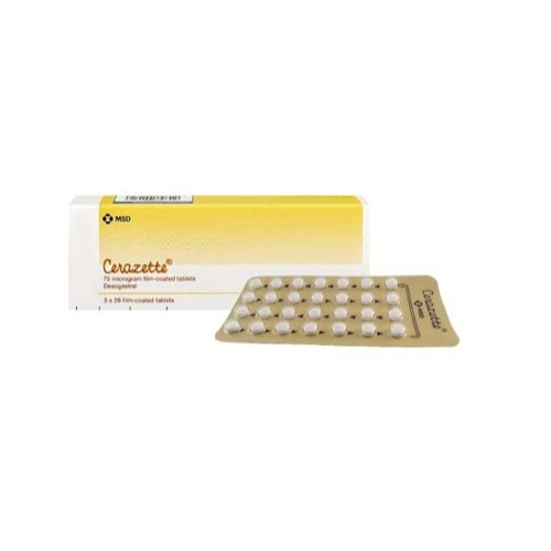 Cerazette blister sheet with 28 round tablets placed outside the box