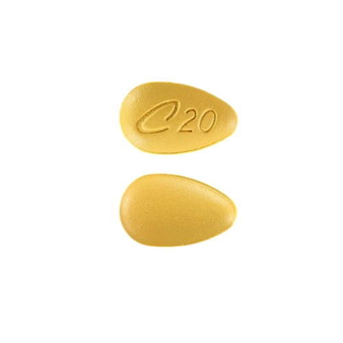 Close-up of two yellow Cialis 20mg film-coated tablets embossed with “C20”