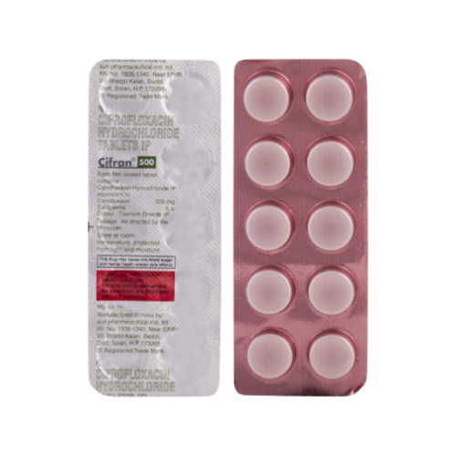 Cifran 500mg (Ciprofloxacin) silver foil and red-colored pill blister strips