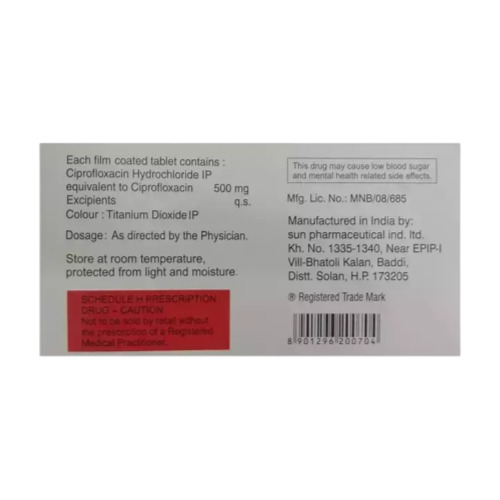 Cifran 500mg (Ciprofloxacin) close-up of branded carton and dosage label with blister pack
