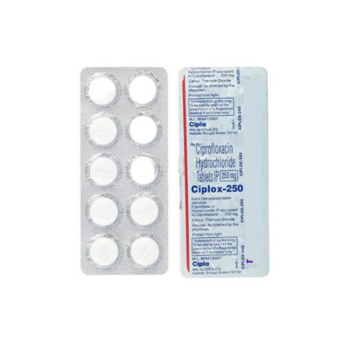 Ciplox 250mg (Ciprofloxacin) white pill blister strip with blue printed foil