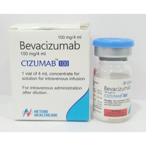 Cizumab 100 (Bevacizumab) injection 100mg 4ml vial close-up with branded carton packaging for targeted cancer treatment online pharmacy