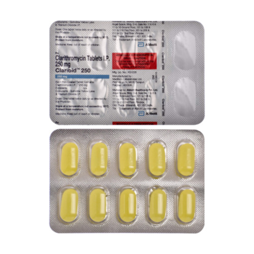 Back and front side of Claribid 250 blister pack with dosage and composition details