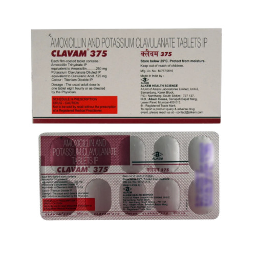 Clavam 375mg (Amoxicillin and Clavulanic Acid) branded carton with red and purple capsule blister packs