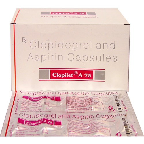 Clopilet-A 75 100 capsules open box with blister strips clopidogrel aspirin antiplatelet online pharmacy