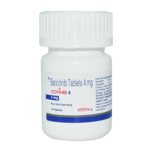 Covinib 4mg (Baricitinib) white round pill bottle with printed dosage label visible
