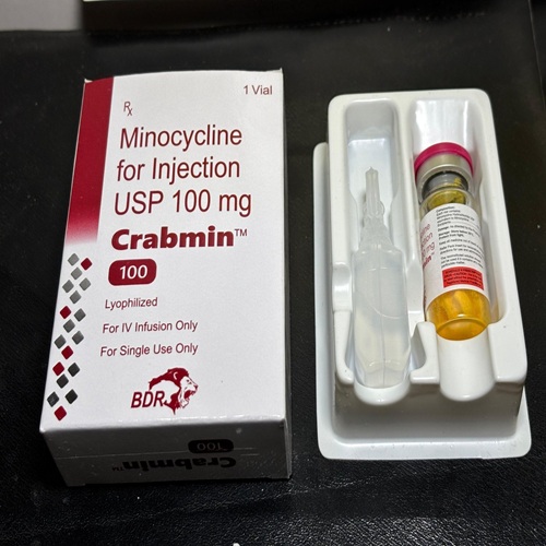 Crabmin 100 minocycline injection 100mg – vial and solvent ampoule in blister tray with box"