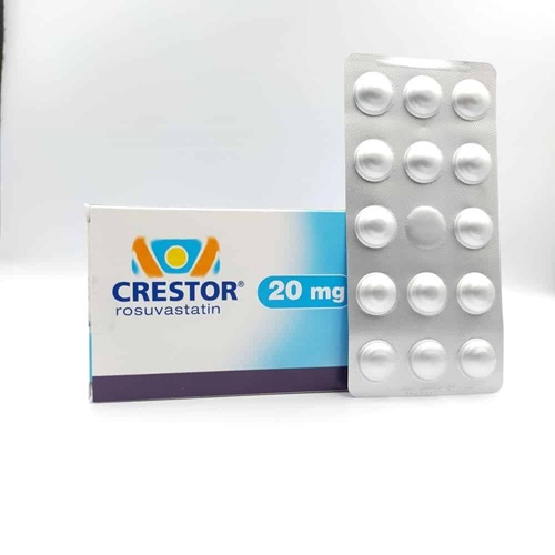 Crestor 20mg high-strength statin blister strip with white tablets and branded box