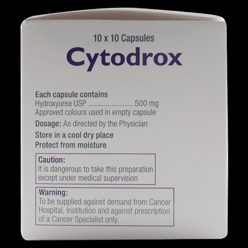 Cytodrox 500 (Hydroxyurea) 500mg 100 capsules close-up carton box with printed label for leukemia and myeloproliferative disorder therapy online pharmacy