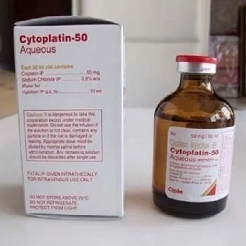 Cytoplatin 50 (Cisplatin) injection 50mg 50ml carton box and vial set close-up display for chemotherapy medication online pharmacy