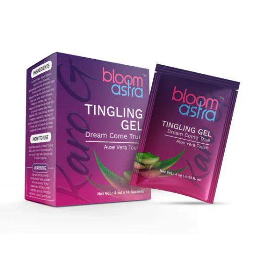 Bloom Astra Tingling Gel 4ml × 14 Sachets product box and sachet image – Aloe Vera touch, water-based intimate gel