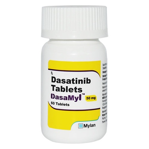 Dasamyl 50 (Dasatinib) 50mg 60 tablets white plastic pill bottle with yellow printed label for chronic myeloid leukemia medication online pharmacy