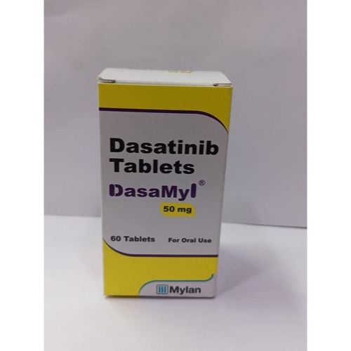 Dasamyl 50 (Dasatinib) 50mg 60 tablets branded carton box angled display with bold yellow design for oncology treatment online pharmacy
