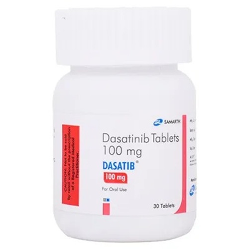 Dasatib 100 (Dasatinib) 100mg 30 tablets close-up white pill bottle with printed red label for chronic myeloid leukemia medication online pharmacy