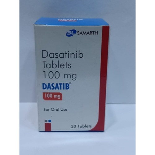 Dasatib 100 (Dasatinib) 100mg 30 tablets front view carton box with blue and red design for oncology treatment online pharmacy