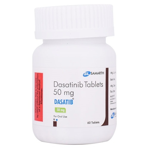 Dasatib 50 (Dasatinib) 50mg 60 tablets close-up white pill bottle with printed label for chronic myeloid leukemia medication online pharmacy