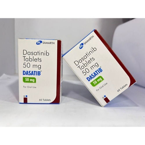 Dasatib 50 (Dasatinib) 50mg 60 tablets carton box and bottle angled display with red side design for oncology treatment online pharmacy