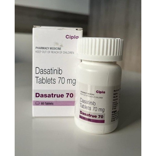 Dasatrue 70 (Dasatinib) 70mg 60 tablets close-up white plastic bottle with purple label for chronic myeloid leukemia medication online pharmacy