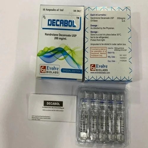 Angled shot of Decabol 200mg box and multiple ampoule strips laid out, packaging details legible