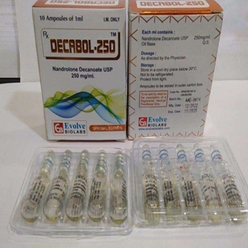 Decabol 250mg box with 10 ampoules laid out in trays, close-up showing ampoules and box