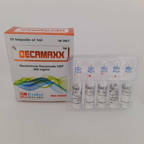 Decamaxx 400mg box with ampoules arranged in a tray, packaging and ampoule labels readable