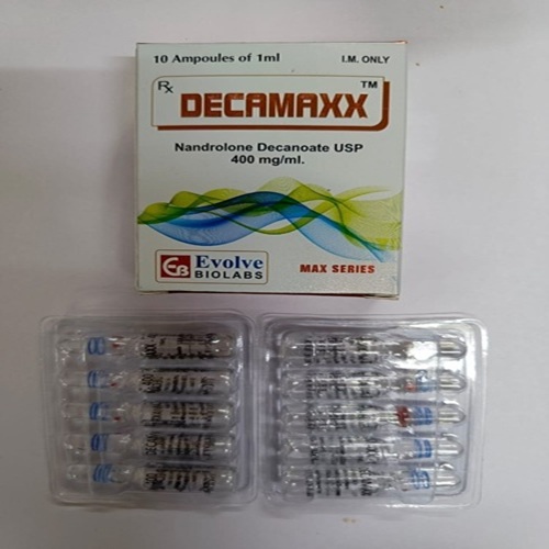 Angled shot of Decamaxx 400mg box with multiple ampoule strips laid out, ampoule details legible