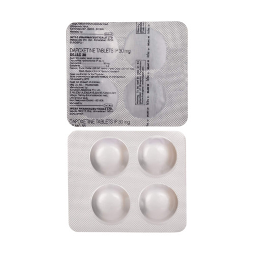 Dejac 30mg dapoxetine tablets beige box packaging with hourglass design and blister strip