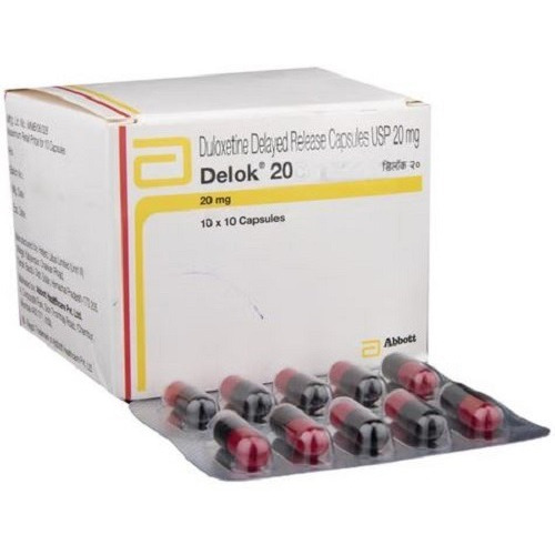 Delok 20 (Duloxetine 20mg) Abbott branded carton with multiple blister strips of capsules