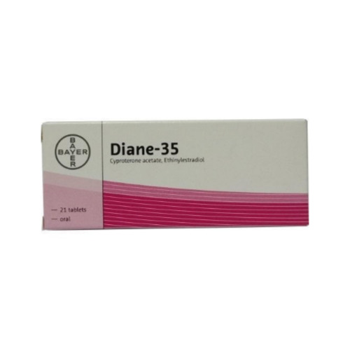 Diane 35 contraceptive tablets pink carton with printed details and blister pack
