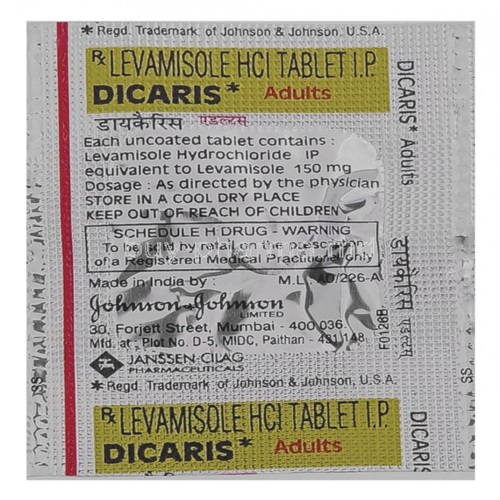 Close-up of Dicaris Adults blister information, dosage and label readable
